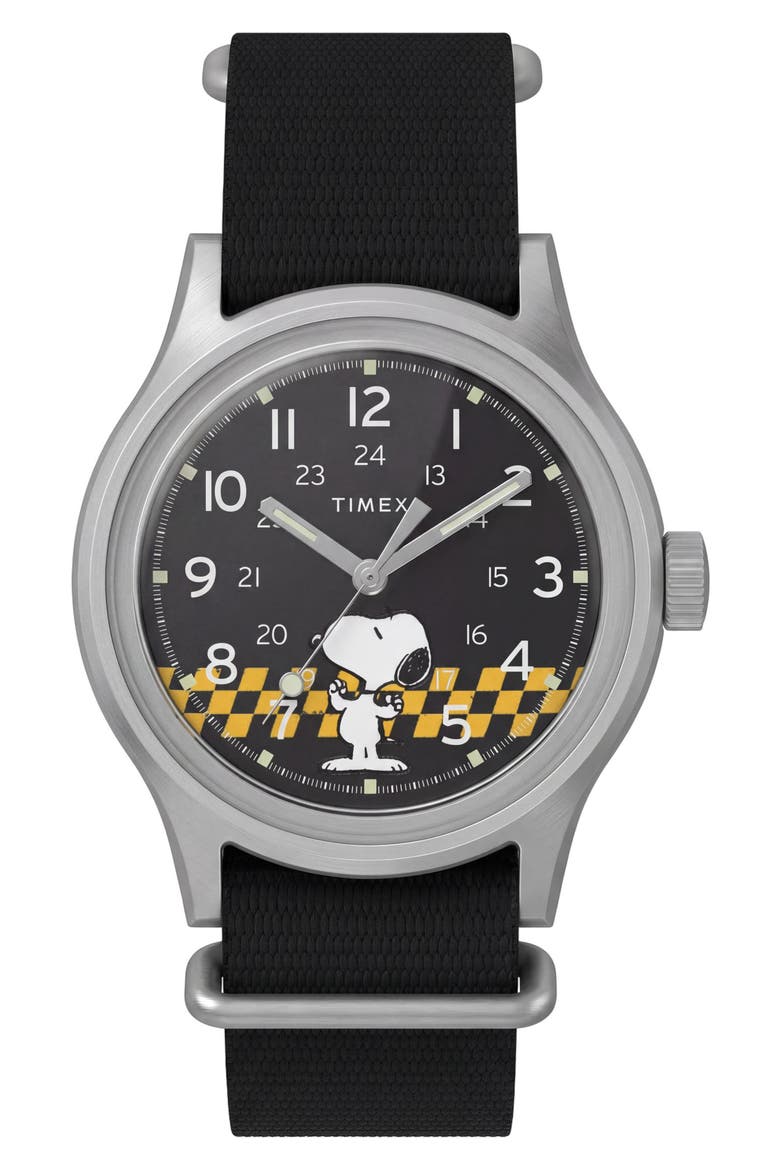 Peanuts Snoopy MK1 Racing Fabric Strap Watch, Main, color, BLACK