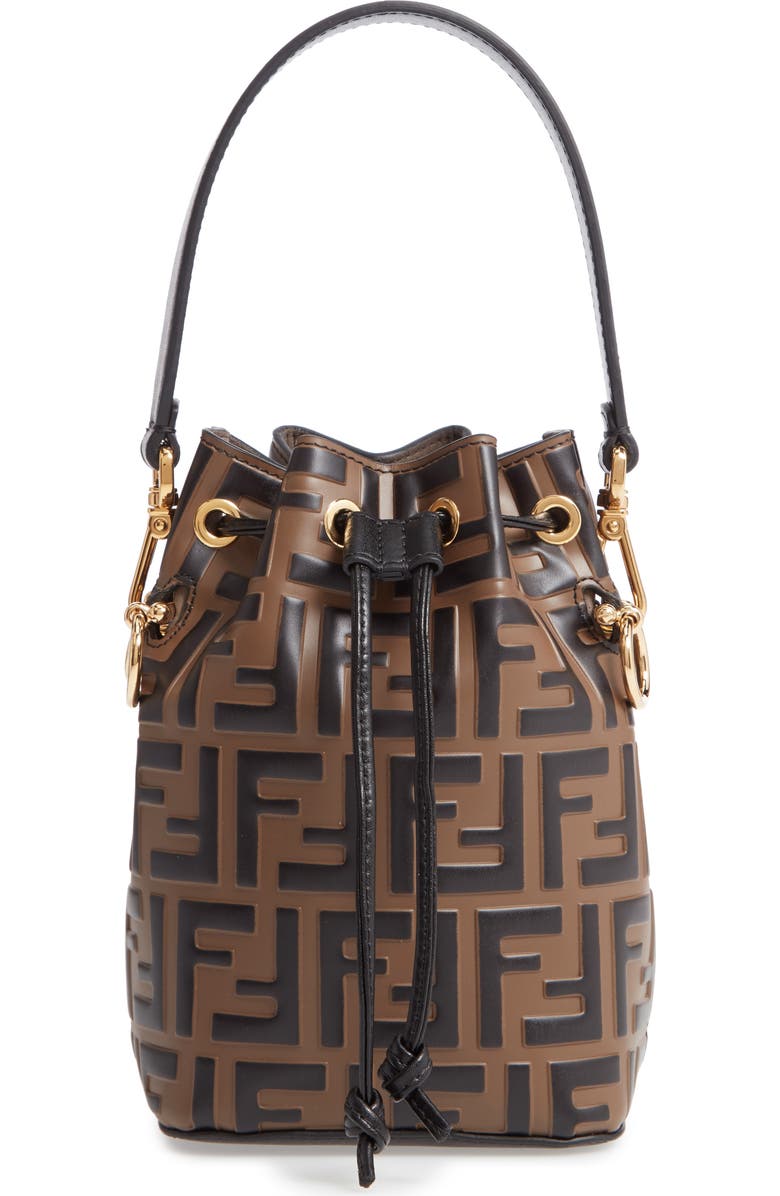 Fendi Mini Mon Tresor Logo Calfskin Leather Bucket Bag, Main, color,