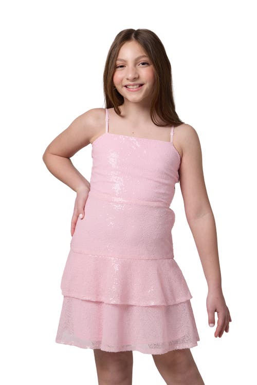 Un Deux Trois Sequin Bow Back Tiered Dress In Pink
