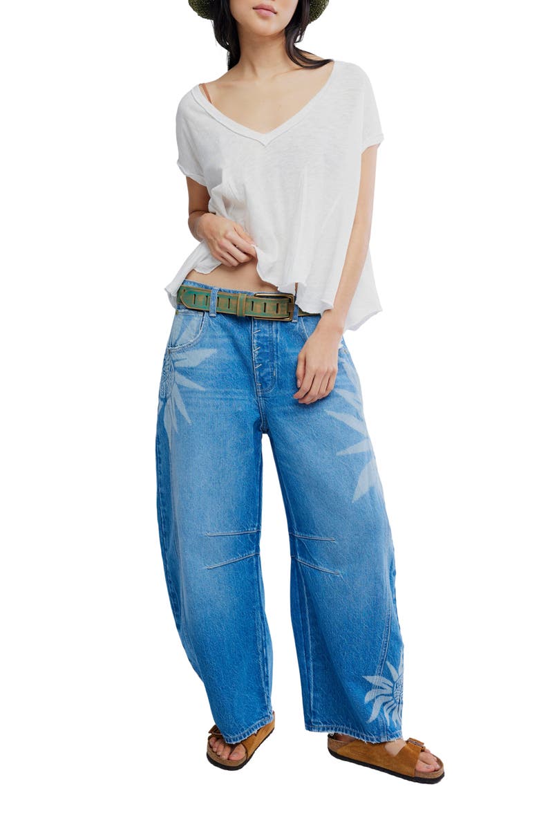 Free People Good Luck Floral Print Barrel Jeans, Alternate, color, Sun Fade Laser - Fad