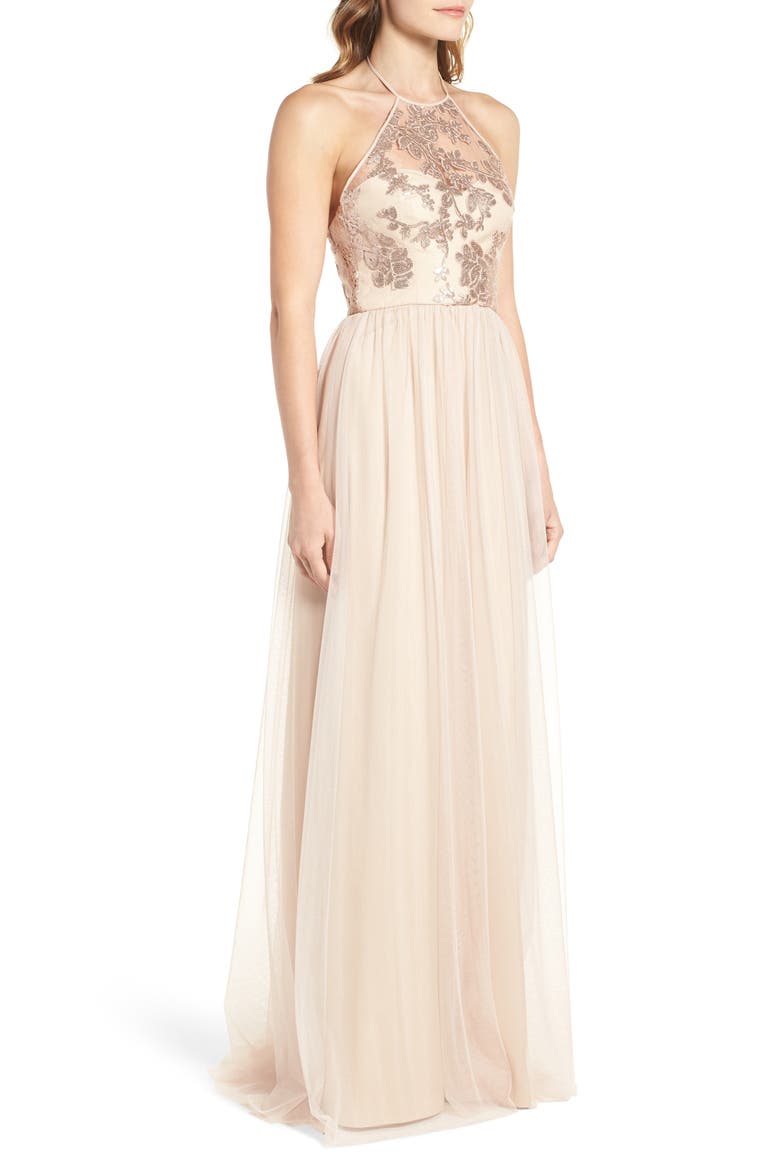 Sheridan Sequin Halter Dress, Alternate, color, FAWN
