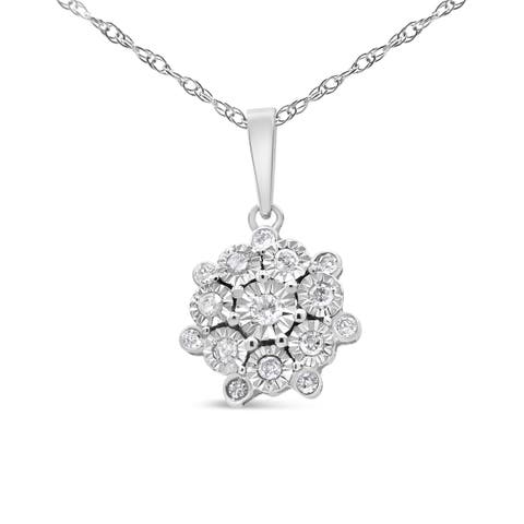 Silver 1/4 Cttw Miracle Set Diamond Floral Cluster Pendant Necklace for Women