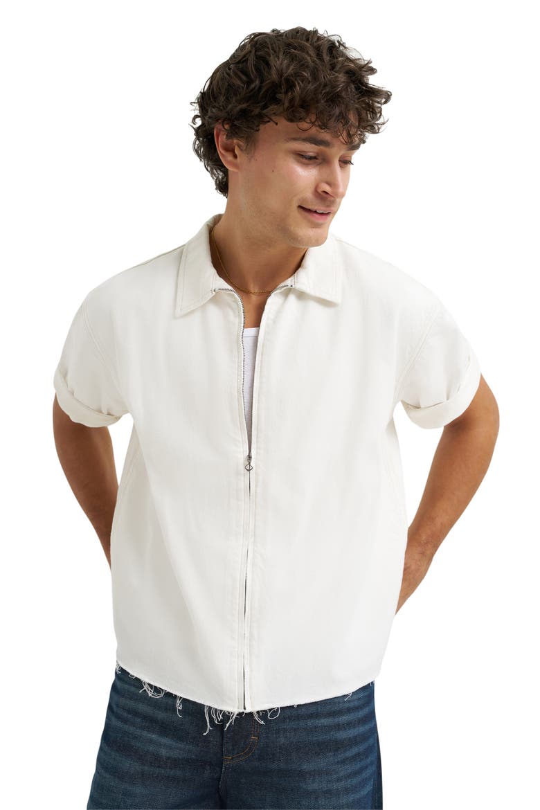 Denim Short Sleeve Zip-Up Shirt, Alternate, color, WHITE