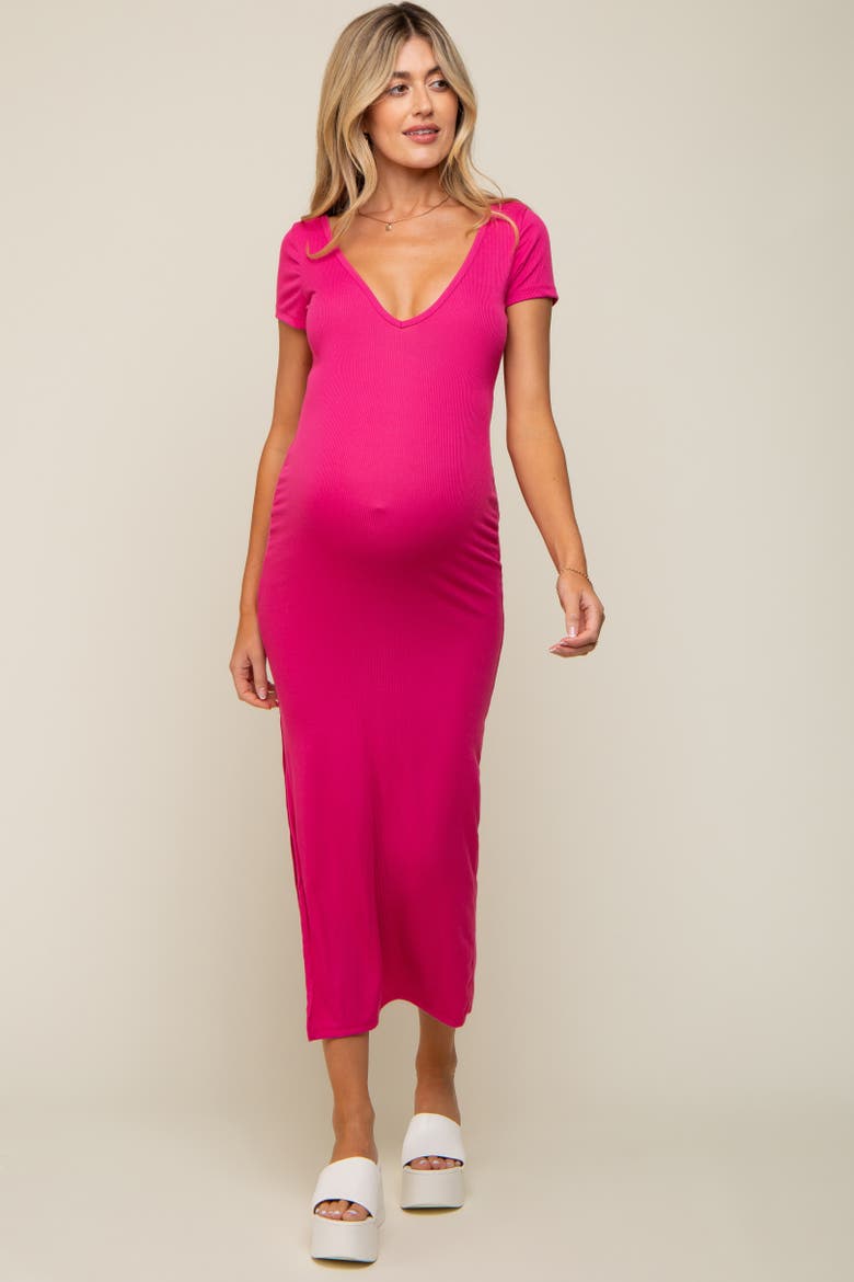 Basic Ribbed Side Slit Midi Dress, Alternate, color, Fuschia