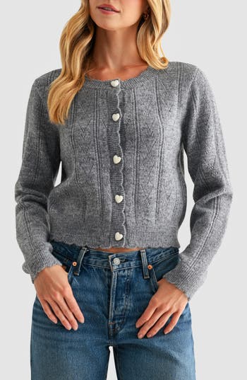 Lush Heart Button Pointelle Cardigan In Gray