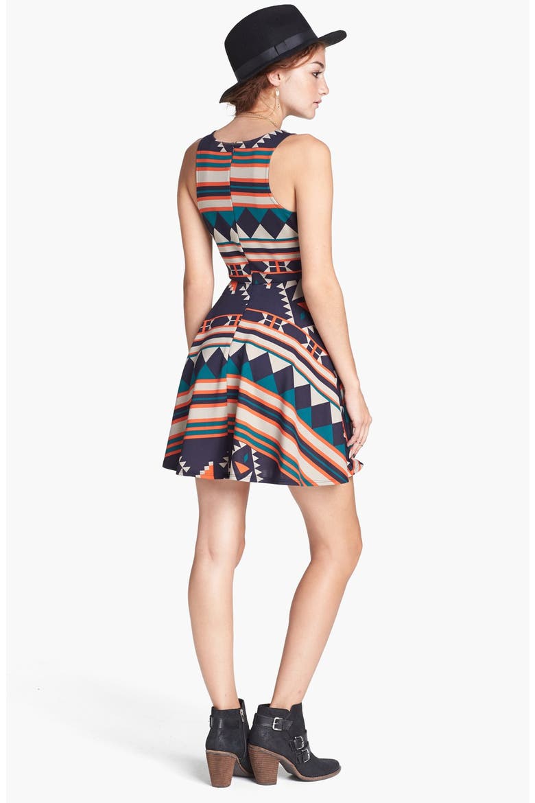 dee elle Geometric Pattern Skater Dress, Alternate, color, ORANGE/ NAVY