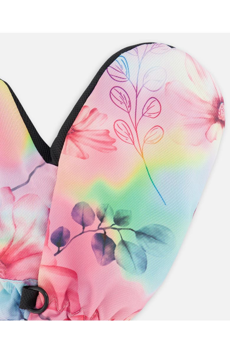 Deux par Deux Girl's Printed Mid-Season Mittens Flowers On Multicolored Background, Alternate, color, 