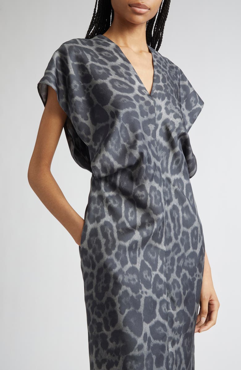 Stella McCartney Leopard Print V-Neck Silk Midi Dress, Alternate, color, 1230 - Ash Grey
