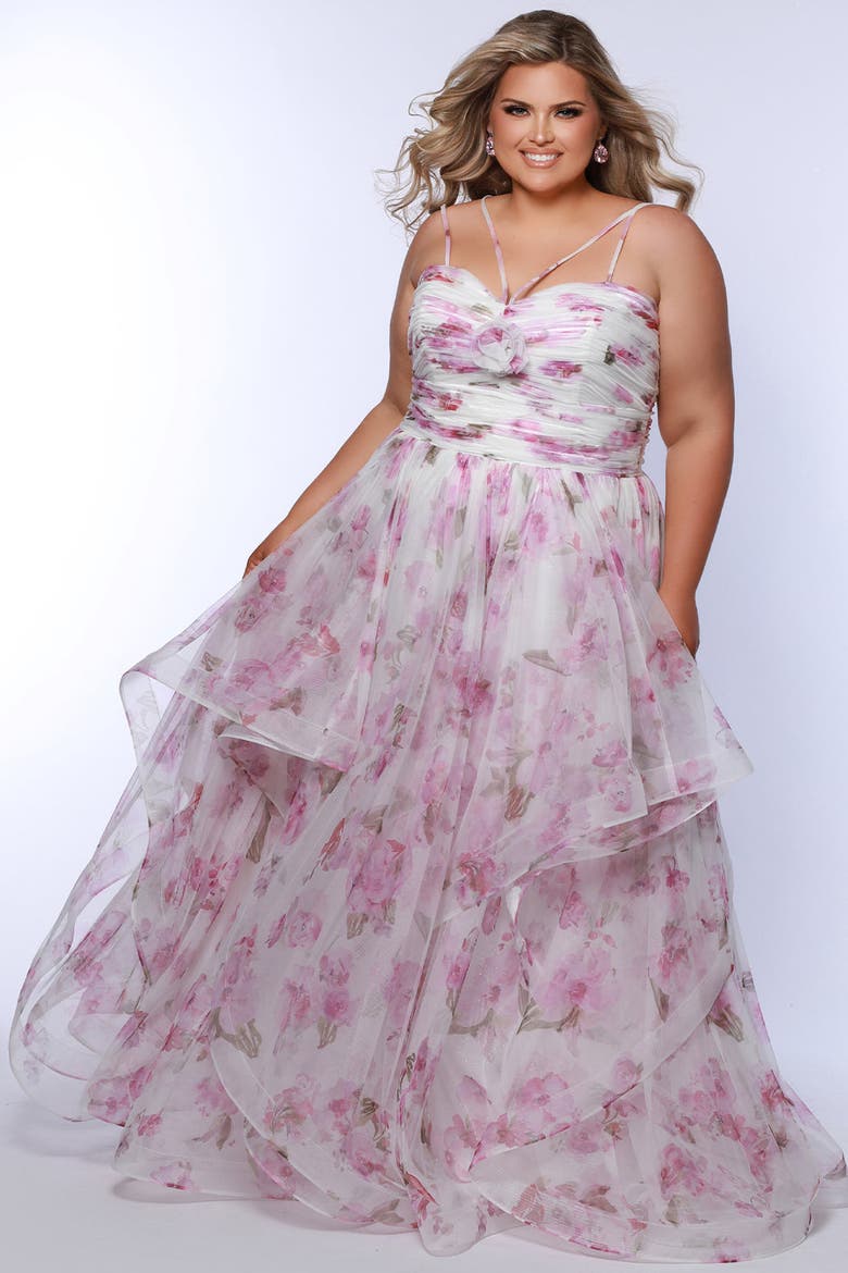 Pleated Tiered Floral A-Line Plus Size Gown, Alternate, color, Pink Floral