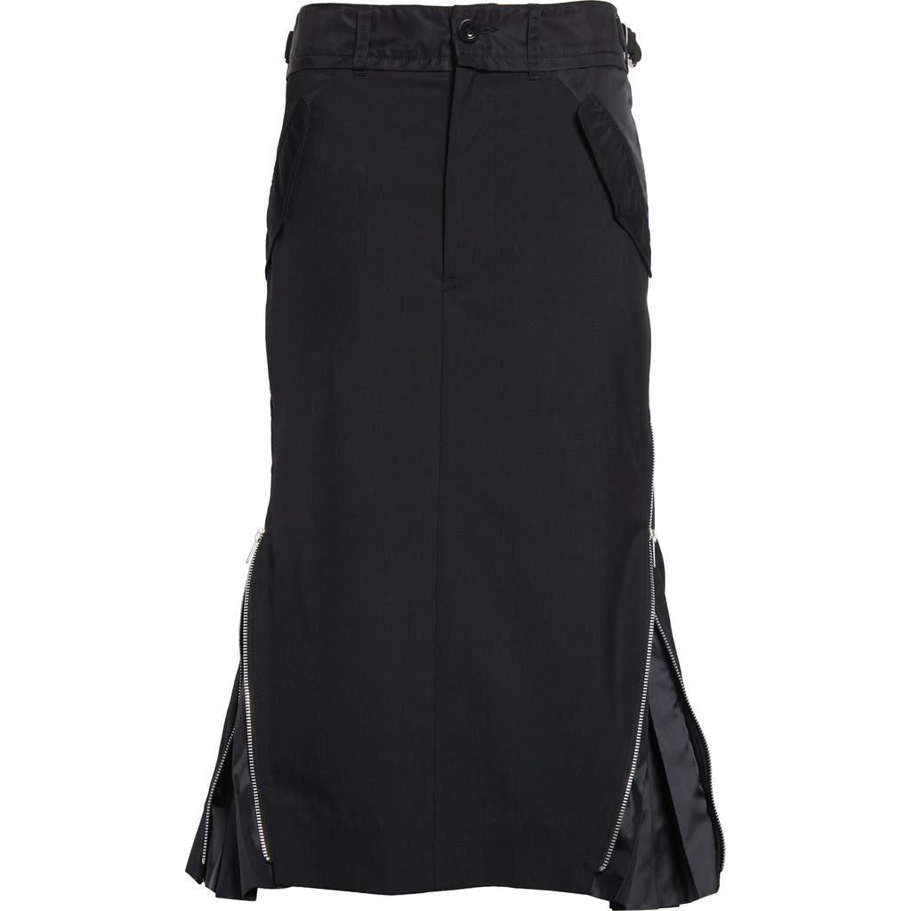 Sacai Suiting Mixed Media Midi Skirt In Black