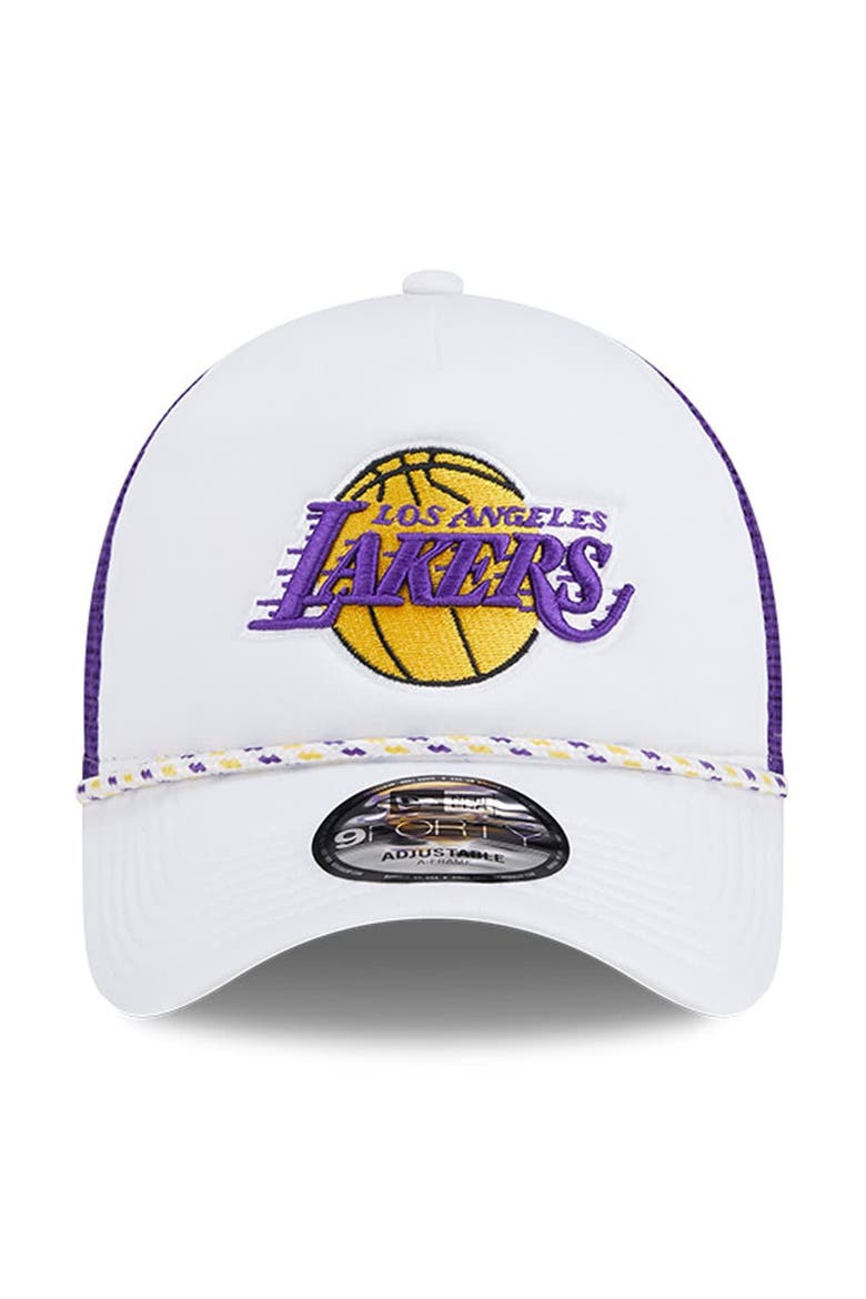 Men's New Era White/Purple Los Angeles Lakers Court Sport Foam A-Frame 9FORTY Adjustable Trucker Hat, Alternate, color, White
