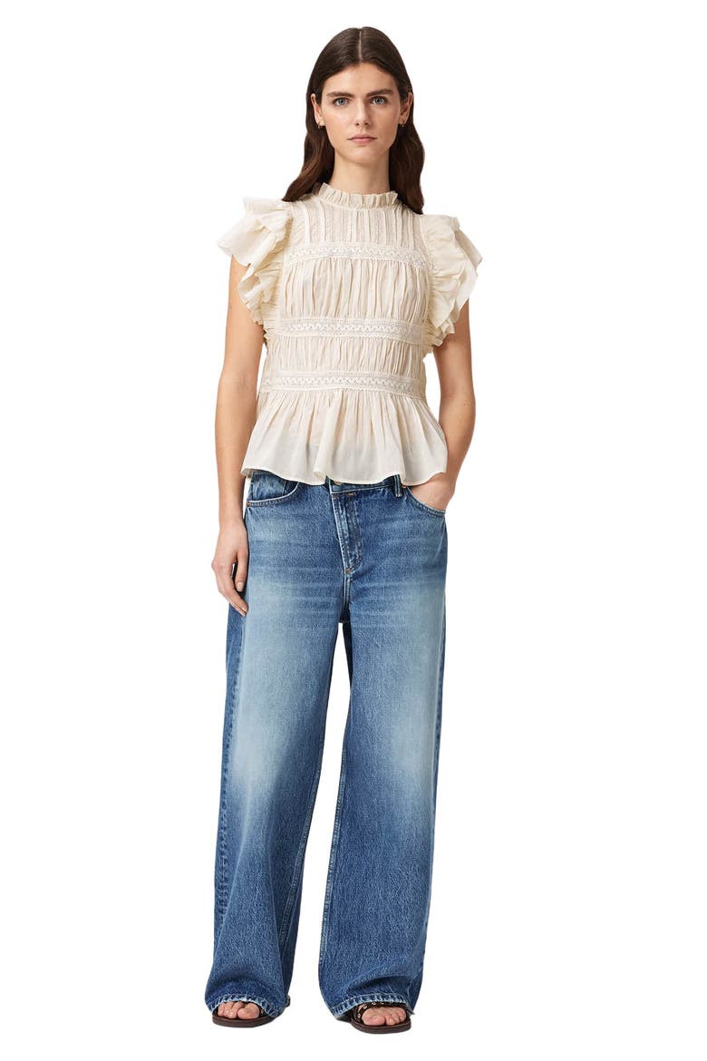 Harriet Lace Trim Shirred Flutter Sleeve Peplum Top, Alternate, color, DOVE WHITE
