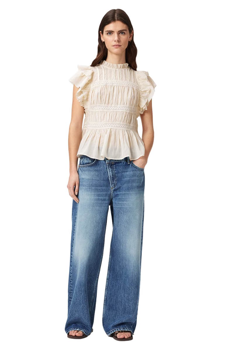 AllSaints Harriet Lace Trim Shirred Flutter Sleeve Peplum Top, Alternate, color, Dove White