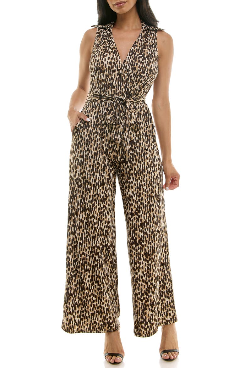Sleeveless Faux Wrap Jumpsuit, Main, color, TAN MULTI