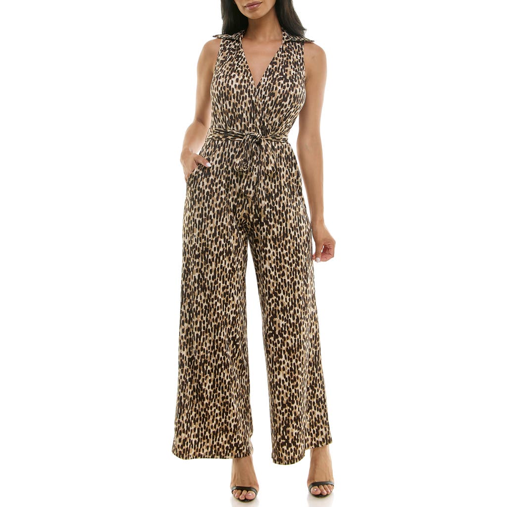Shop Nina Leonard Sleeveless Faux Wrap Jumpsuit In Tan Multi