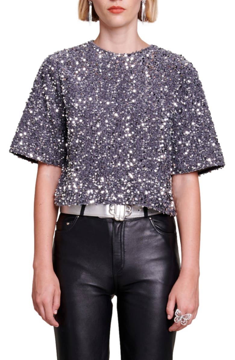maje Sequin Velvet Crop Top, Main, color,