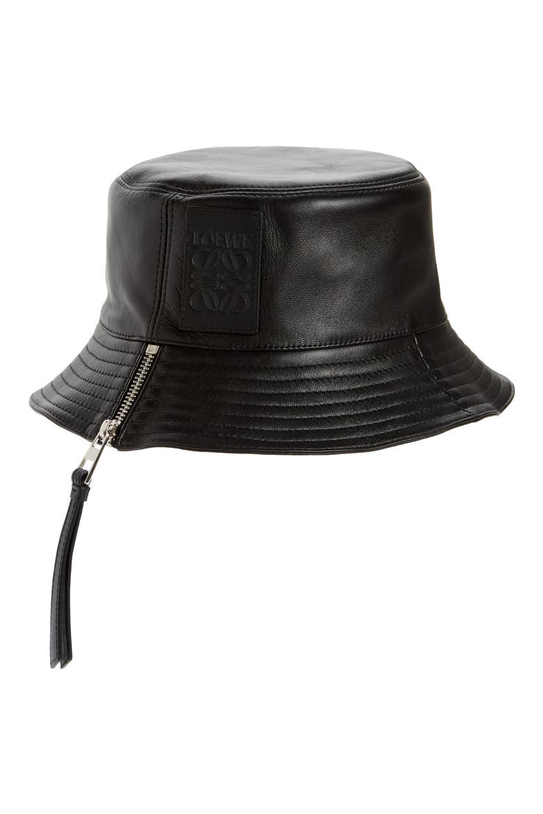 Logo Zip Leather Bucket Hat, Alternate, color, BLACK