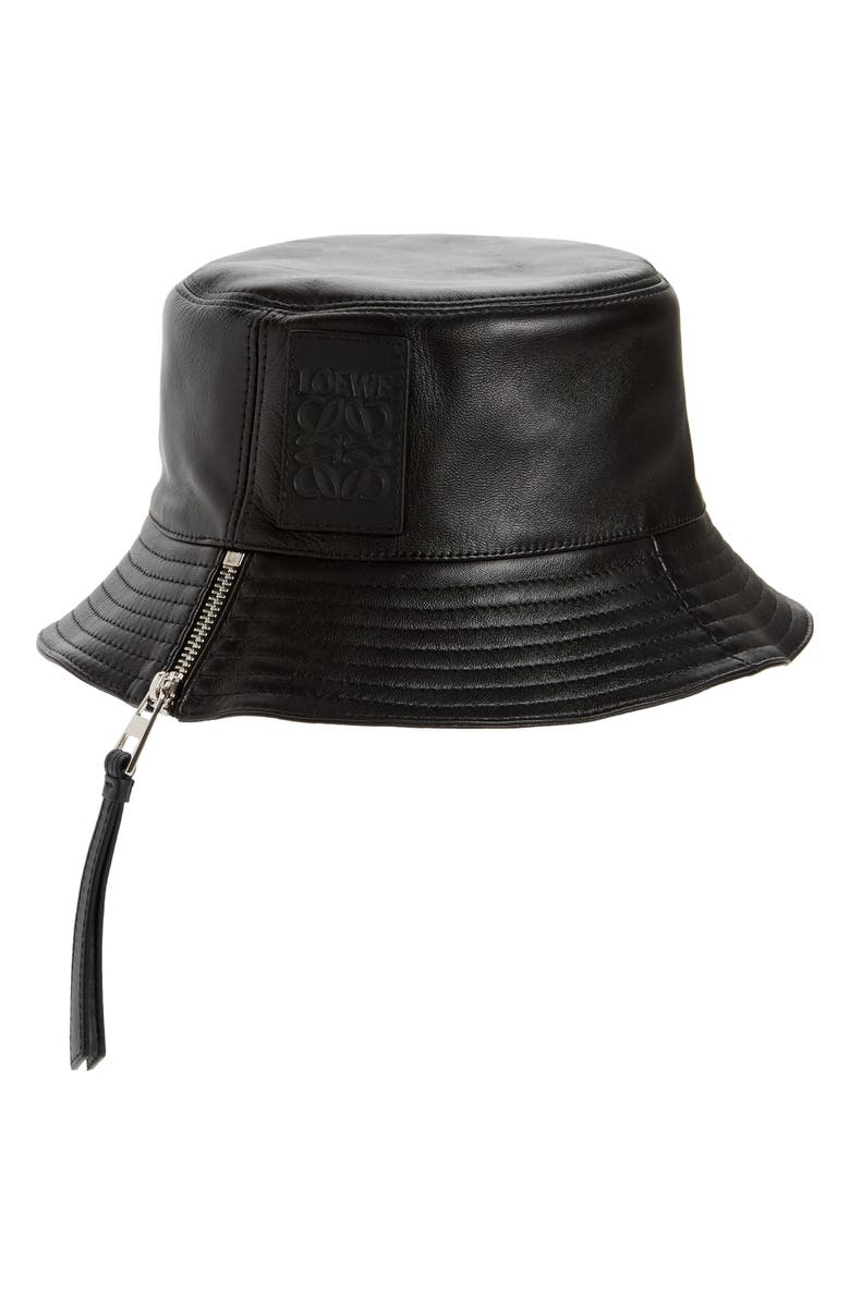 Loewe Logo Zip Leather Bucket Hat, Alternate, color,