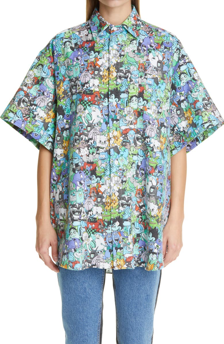 VETEMENTS Cartoon Mania Flannel Short Sleeve Unisex Button-Up Shirt, Main, color, 