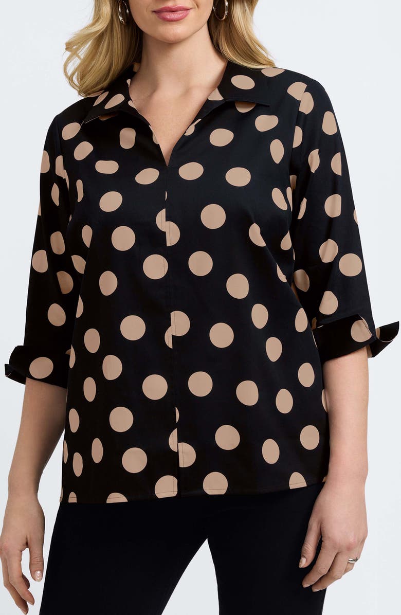Foxcroft Agnes Dot Print Three-Quarter Sleeve Popover Top, Main, color, Black/ Almond