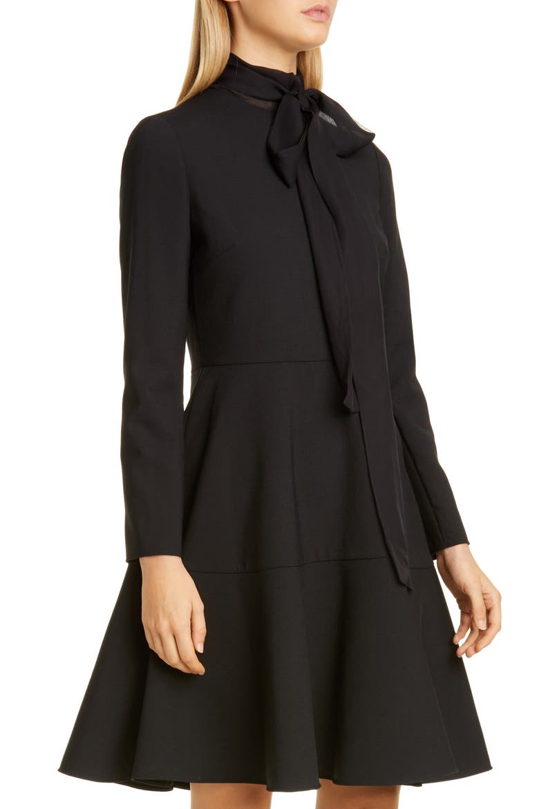 Tie Neck Long Sleeve Fit & Flare Dress, Alternate, color, NERO