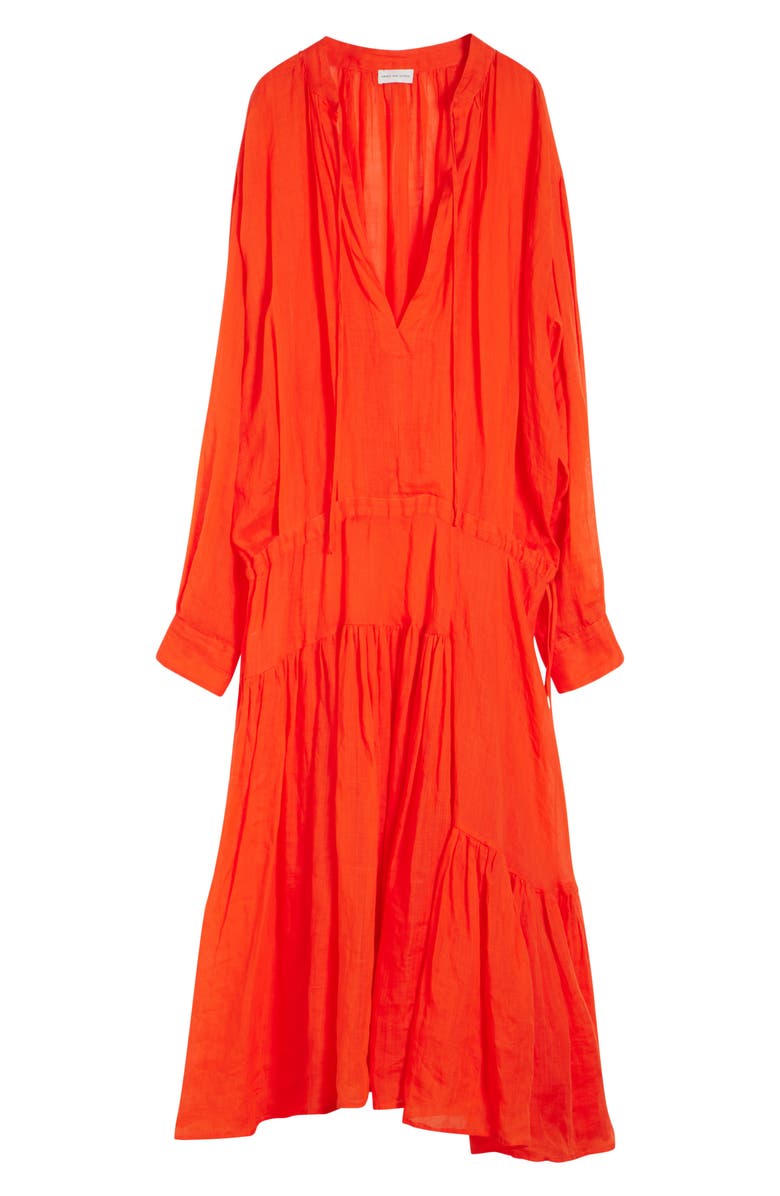 Dries Van Noten Long Sleeve Ramie Mousseline Split Neck Dress, Alternate, color, Red