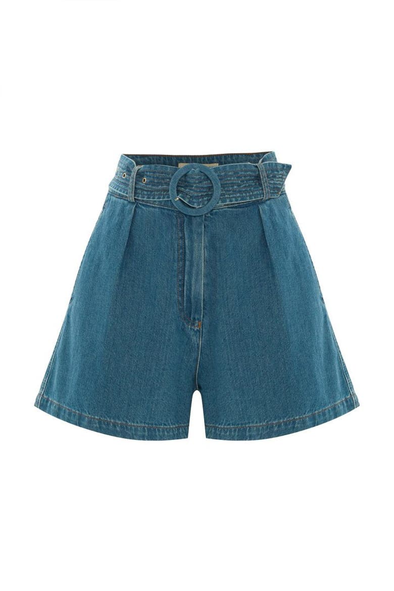 Belted Denim Look Relaxed Shorts, Alternate, color, INDIGO