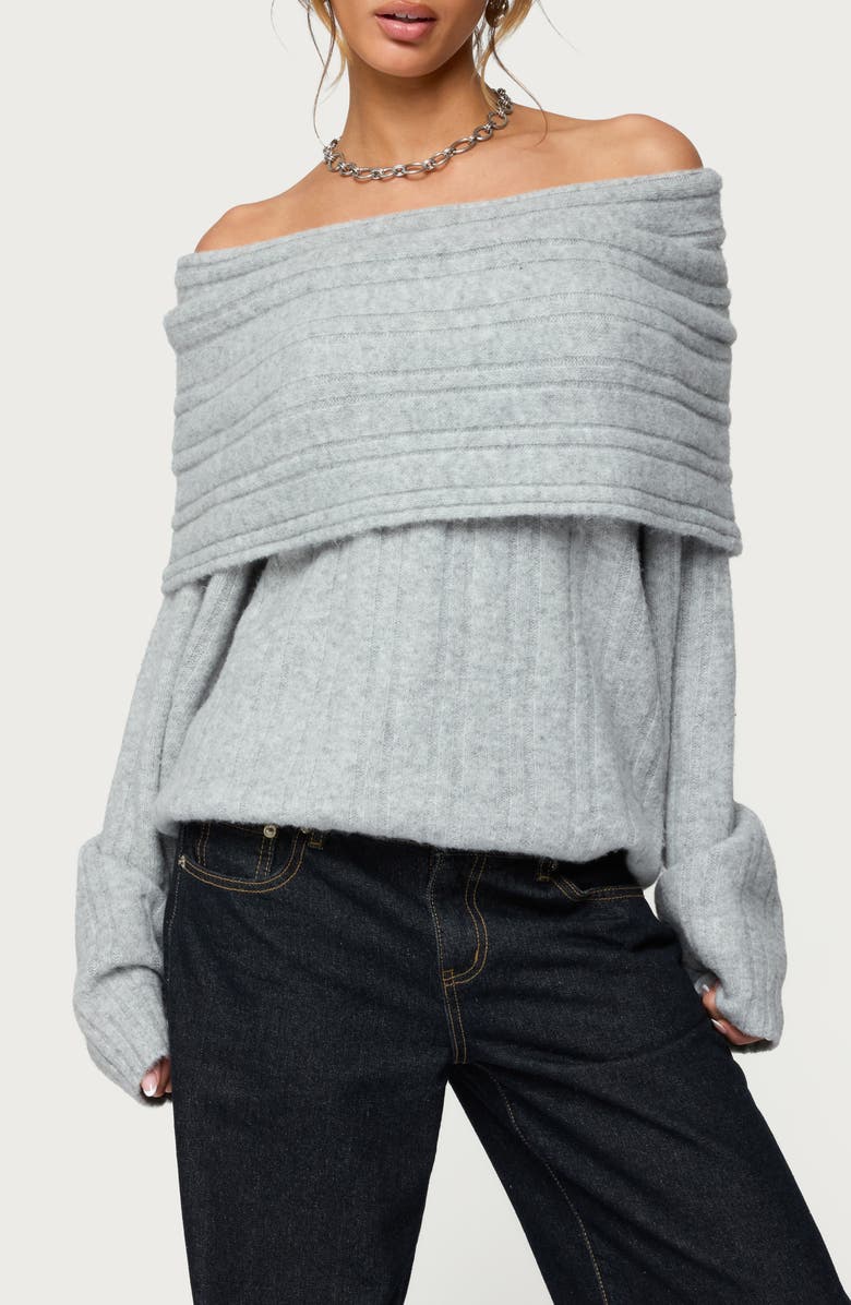 EDIKTED Kadenna Oversize Off the Shoulder Sweater, Main, color, Light-Gray-Melange