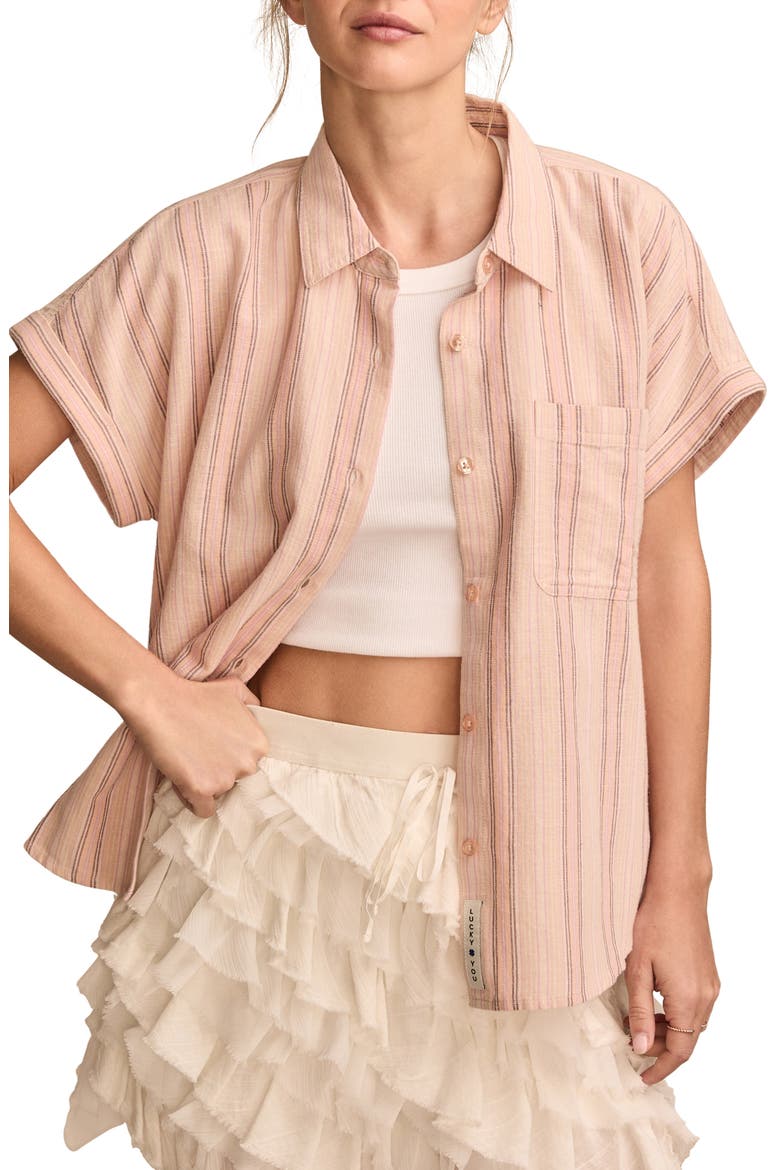 Stripe Short Sleeve Cotton & Linen Button-Up Shirt, Main, color, CREAM STRIPE