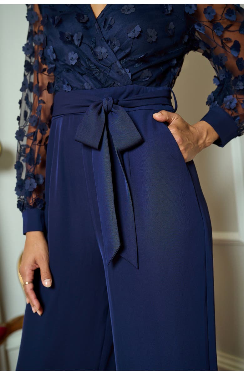 Yumi Sash Waist Floral Applique Wrap Jumpsuit, Alternate, color, Navy