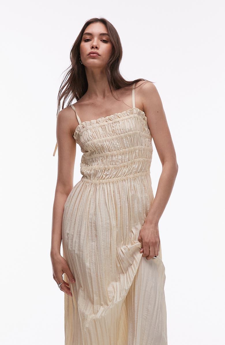 Topshop Shirred Bodice Midi Dress, Alternate, color, Beige