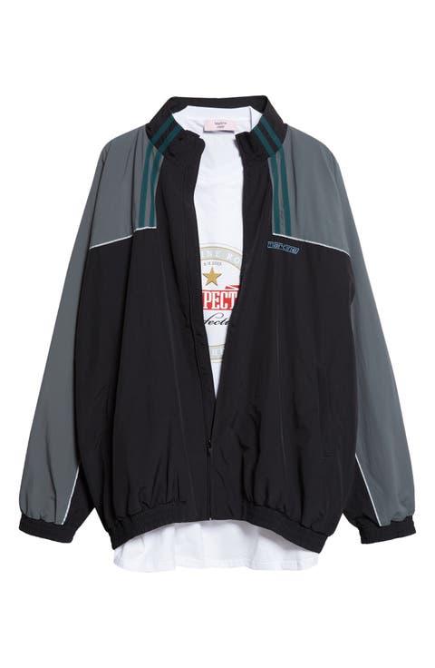 Paneled Nylon Track Jacket with Graphic T-Shirt Lining
