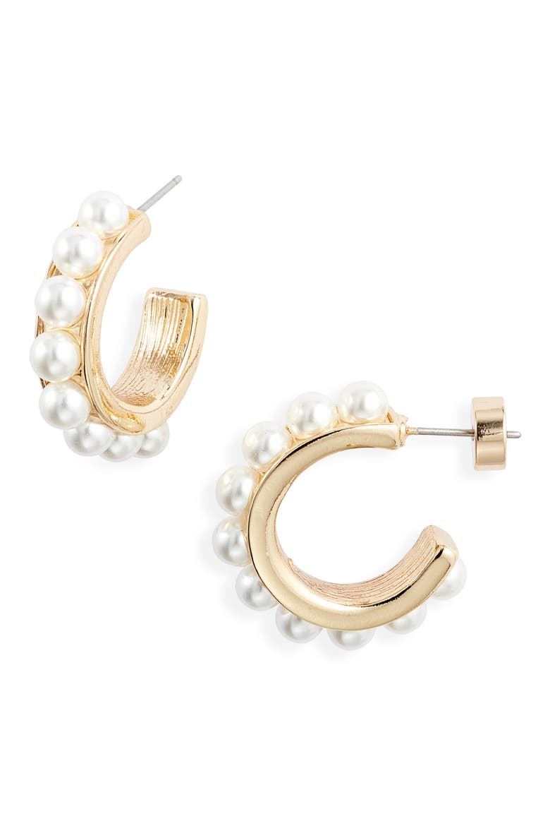 Channel Set Faux Pearl Hoop Earrings, Main, color, WHITE- GOLD