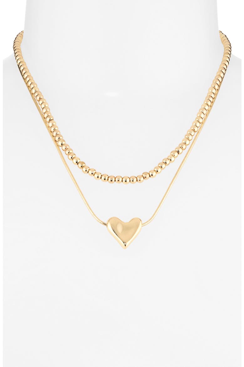 Set of 2 Bead Chain & Puffy Heart Pendant Necklaces, Alternate, color, GOLD