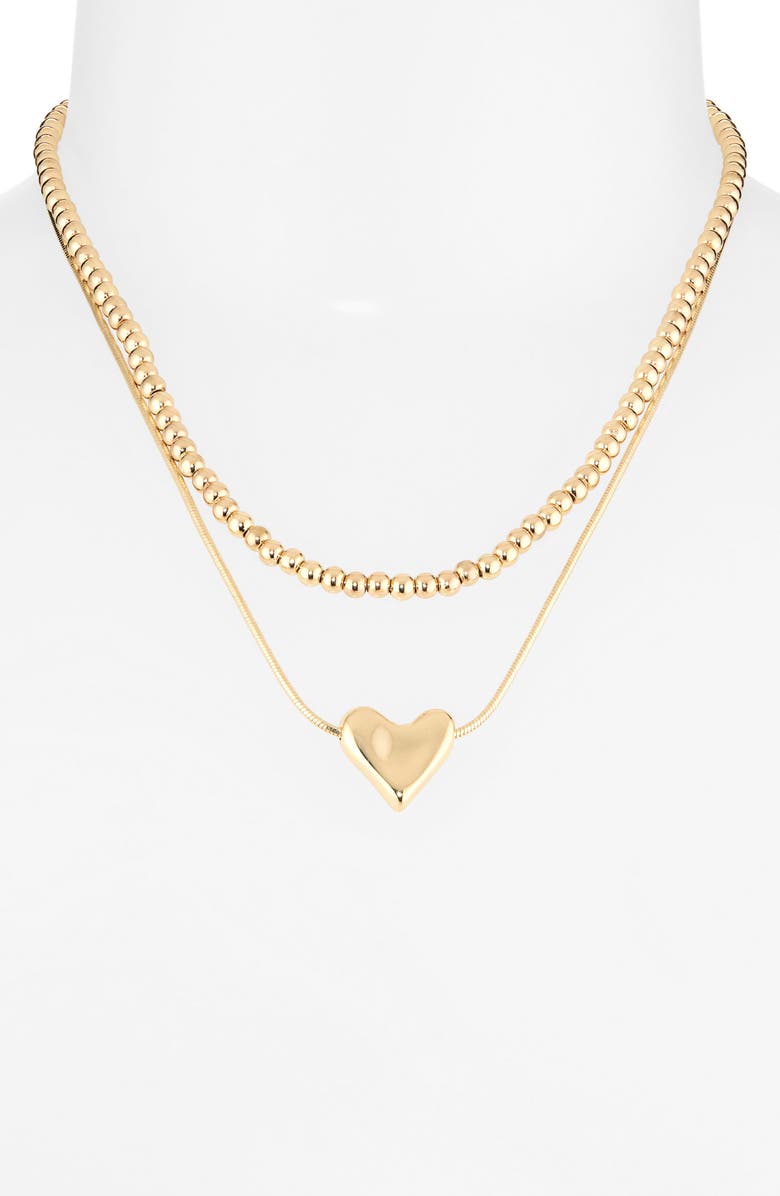 Nordstrom Set of 2 Bead Chain & Puffy Heart Pendant Necklaces, Alternate, color, Gold