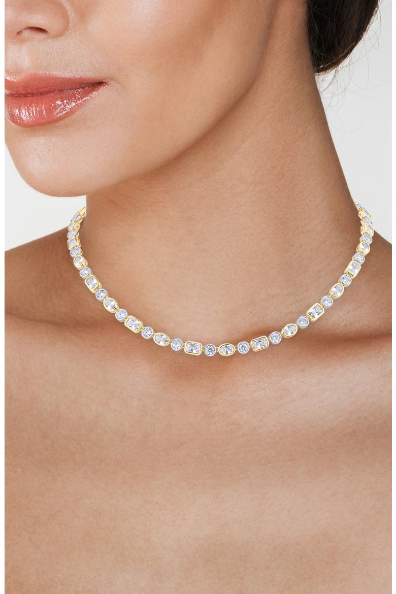 Two-Tone Bezel Cubic Zirconia Collar Necklace, Alternate, color, SILVER/ GOLD
