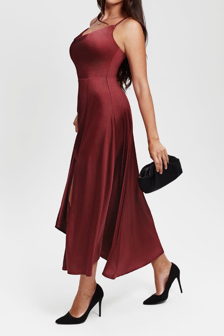 Built In Shapewear Glitter Spaghetti Strap Slit Maxi Dress, Alternate, color, Ruby