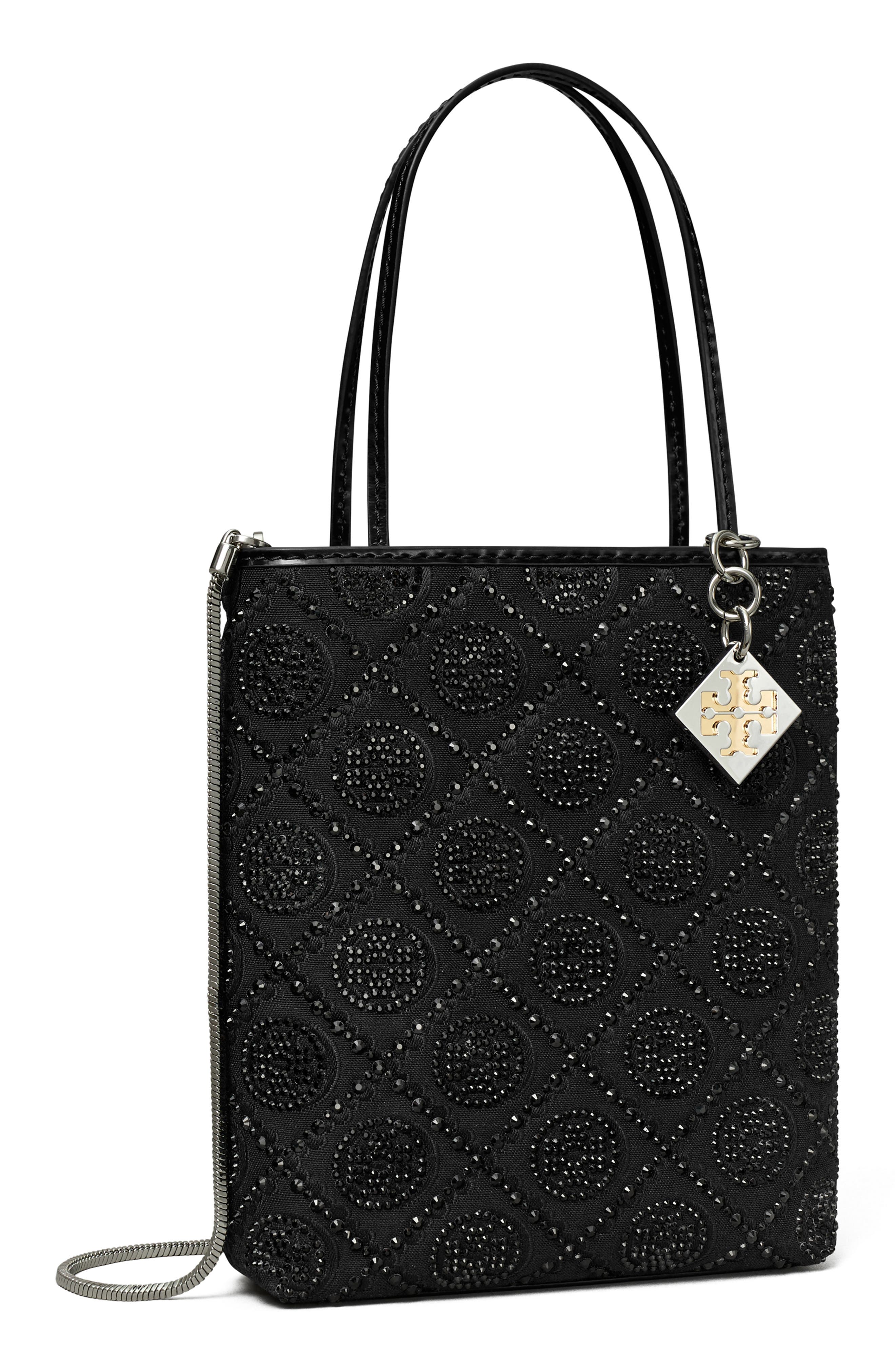 Tory Burch Key Item T Monogram Hotfix Embellished Top Handle Bag, Alternate, color, Black