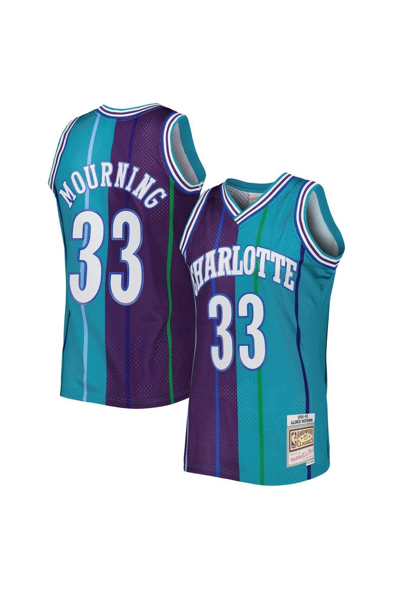 Men's Mitchell & Ness Alonzo Mourning Teal/Purple Charlotte Hornets Hardwood Classics 1992/93 Split Swingman Jersey, Main, color, Teal