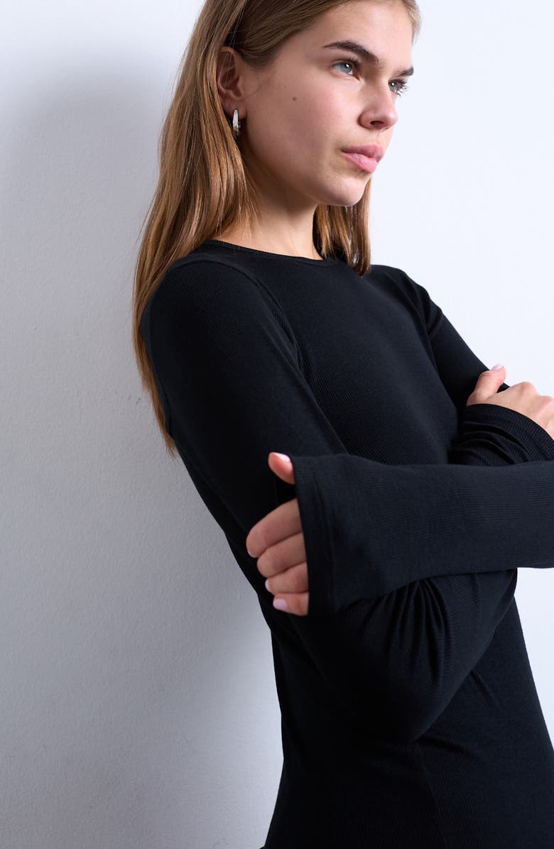 Topshop Long Sleeve Rib Top, Alternate, color, Black