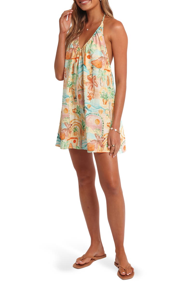 Petal & Pup Renata Open Back Cotton Blend Halter Romper, Alternate, color, Golden Palm