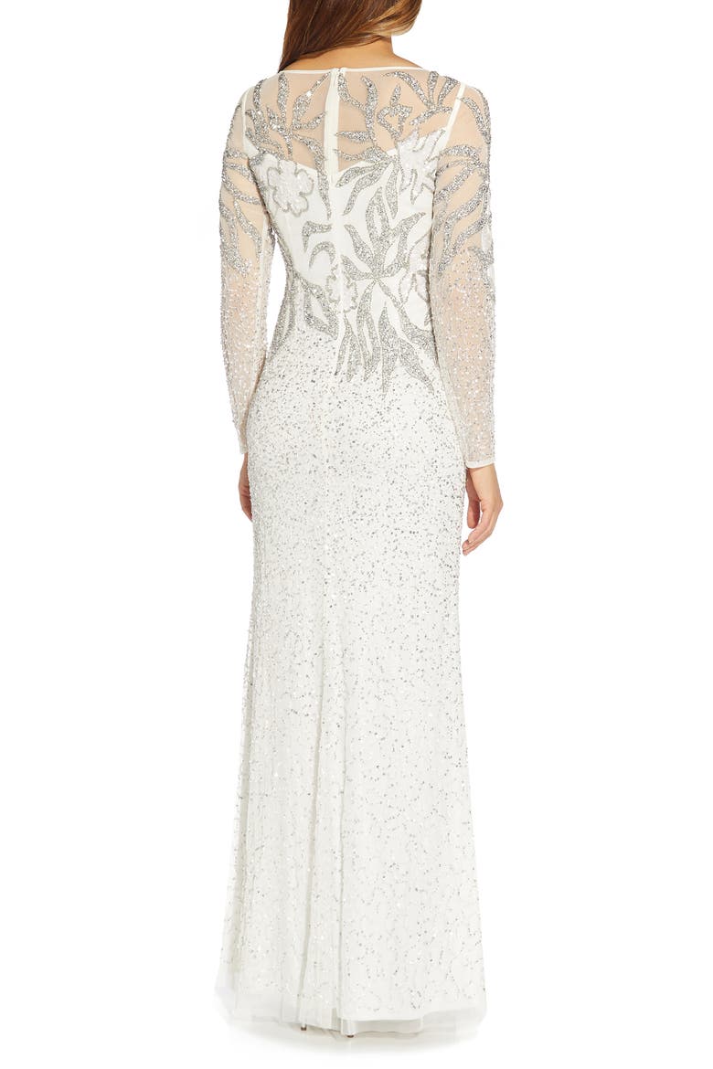 Long Sleeve Beaded Column Gown, Alternate, color, IVORY/ SILVER
