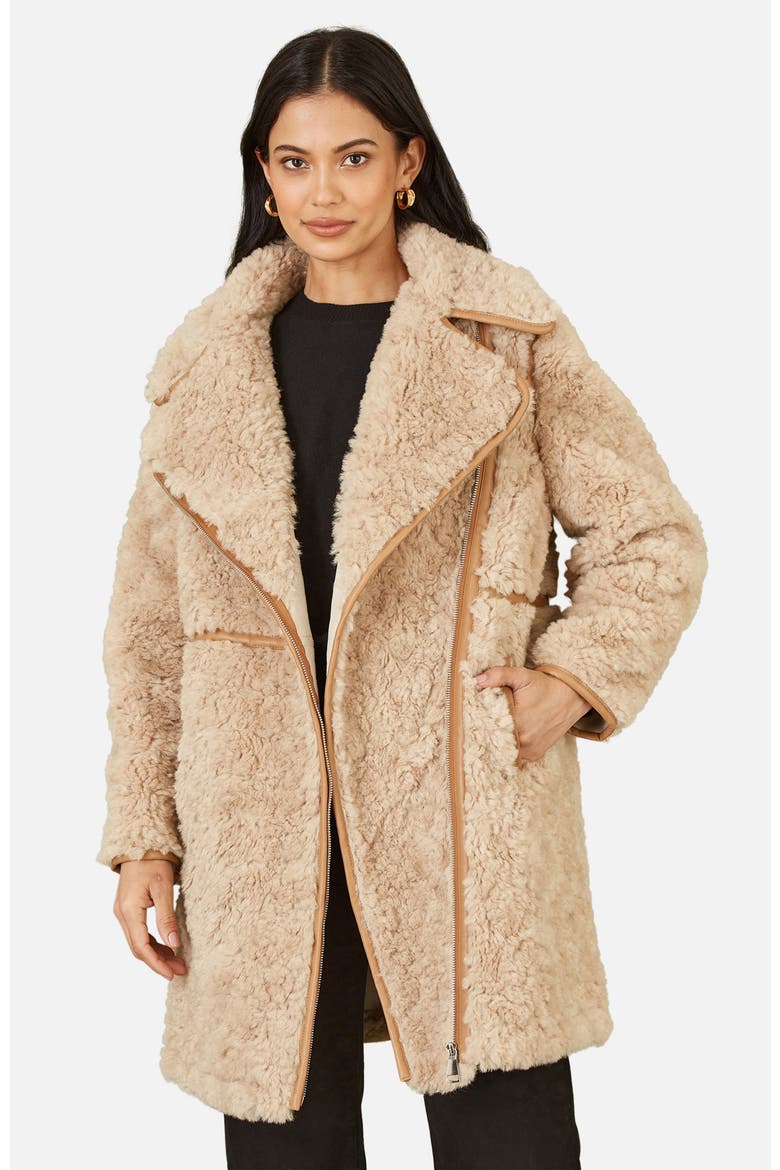 Textured Borg Long Line Biker Coat, Main, color, Brown
