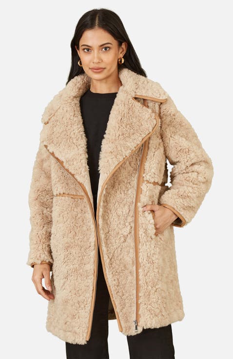 Textured Borg Long Line Biker Coat
