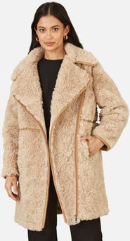 Yumi Textured Borg Long Line Biker Coat