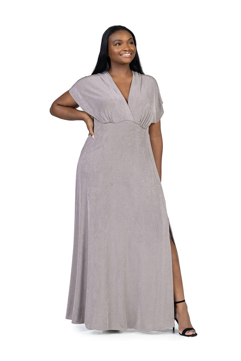 Plus Size  Flutter Sleeve Metallic Knit Maxi Dress Front Slit Empire Waist, Alternate, color, Grey