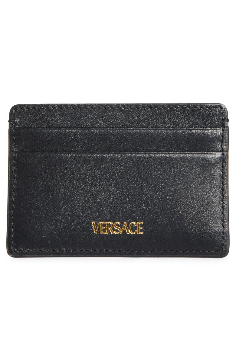 Versace V-Emblem Leather Card Case, Alternate, color, Black-Versace Gold