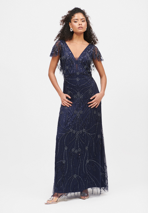 Beauut Embellished Sequin Beaded Deep V Neck Maxi Dress In Mid Night Blue