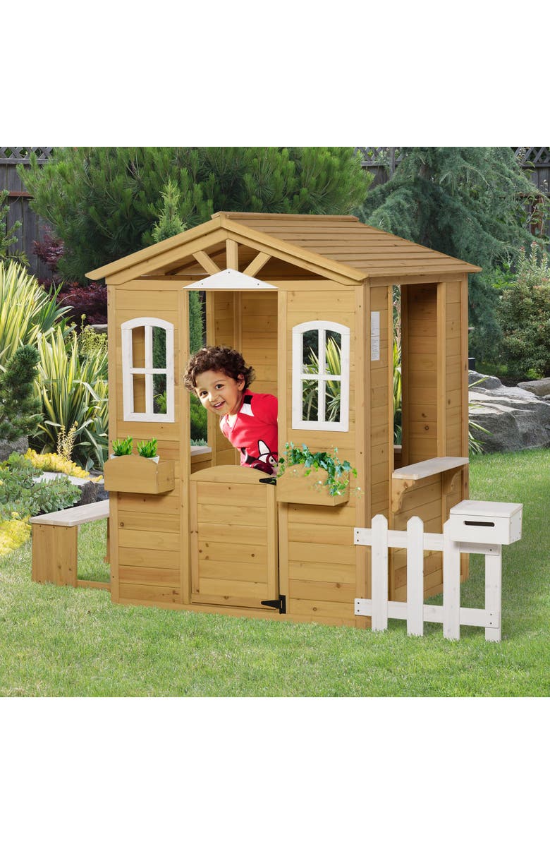 Outsunny Outdoor Wooden Playhouse with Working Doors, Windows, Mailbox, Alternate, color,