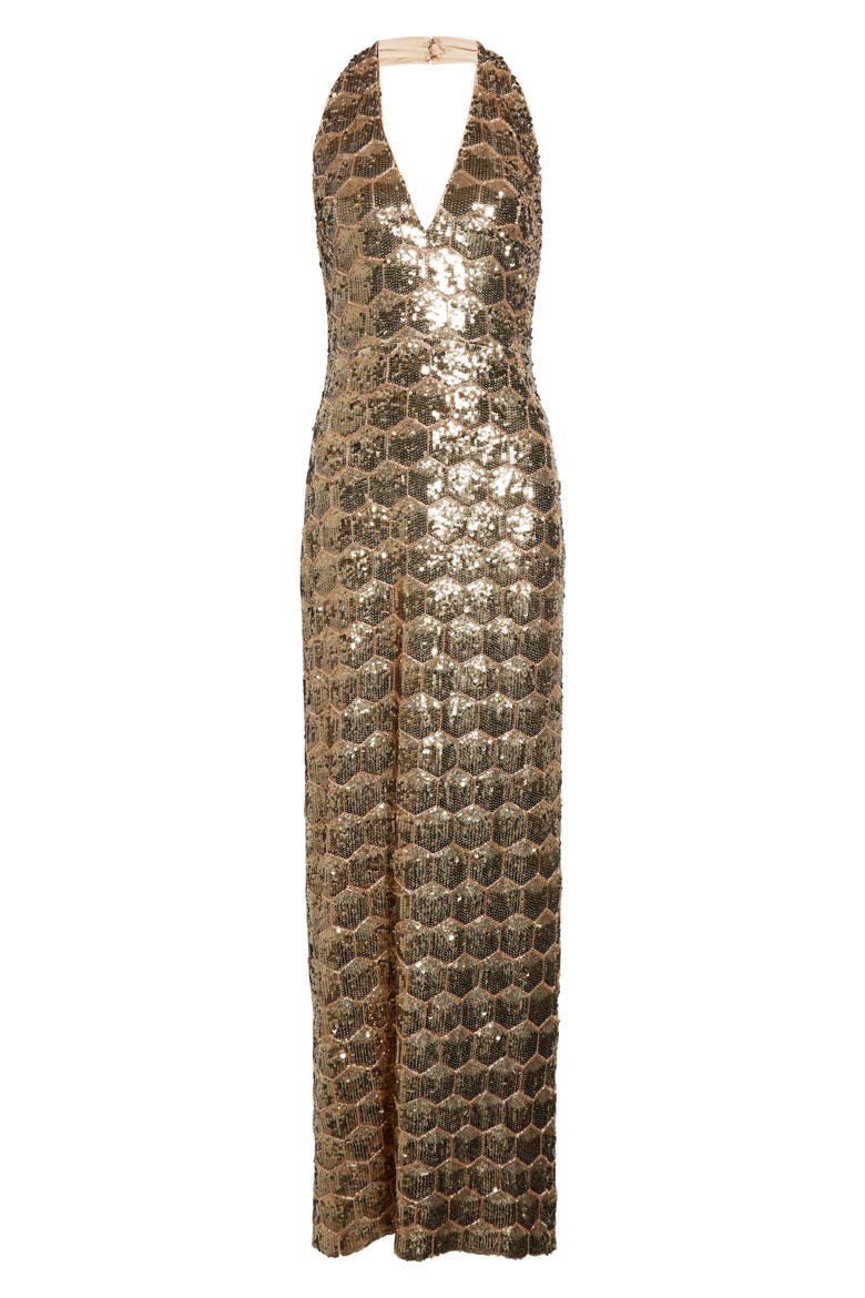 Shauna Sequin Halter Gown, Alternate, color, GOLD SEQUIN